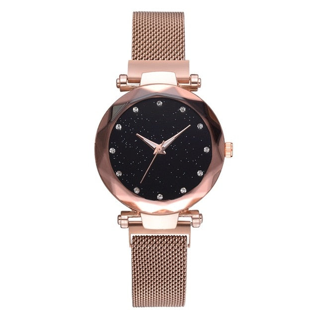 Gold Mesh Magnet Buckle Starry Quartz Watchh